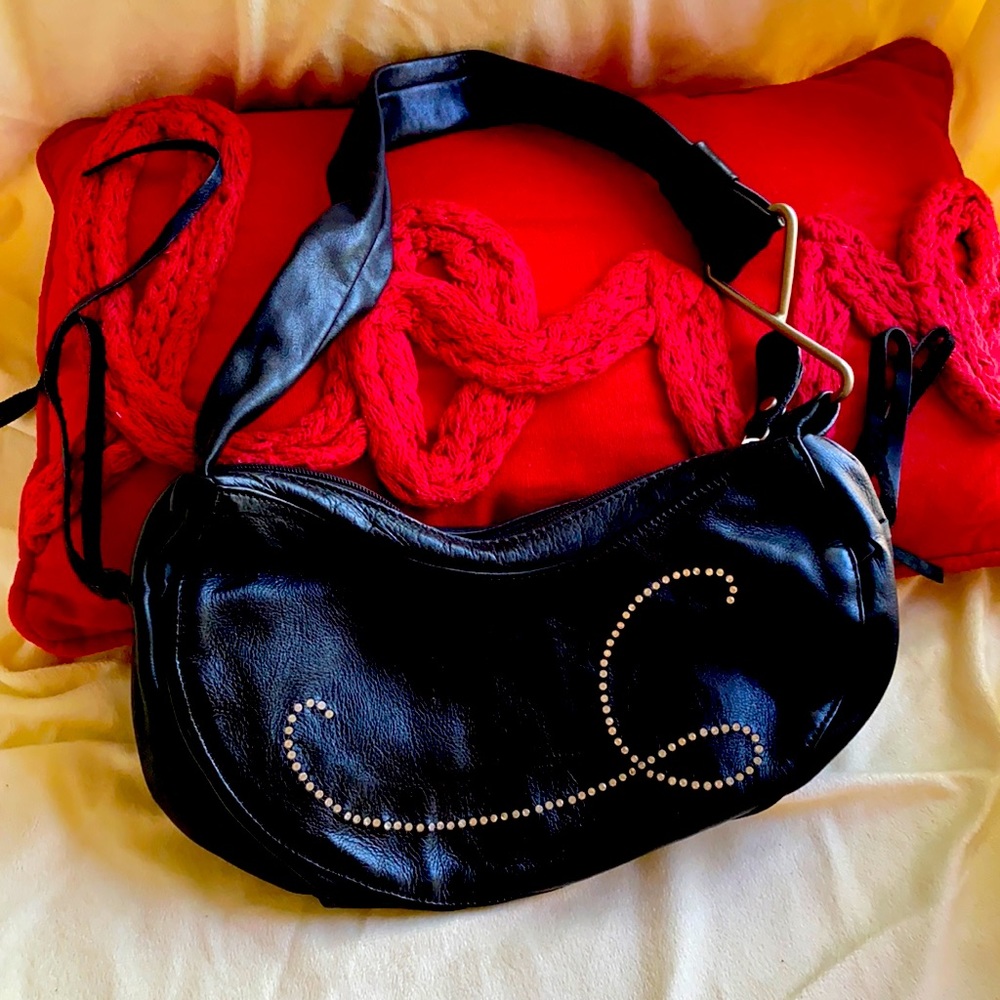 Barbara Black Leather Crystal Logo Bag NeverUsed